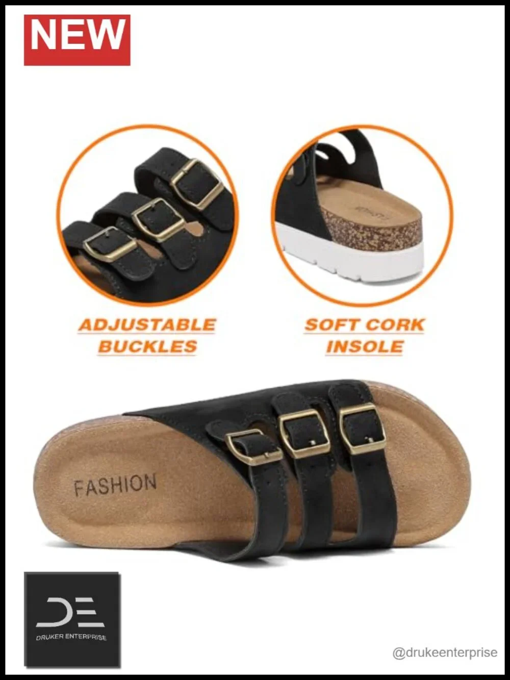 Chunky Cork Platform Sandals with 3 Adjustable Buckles - Comfortable Wedge